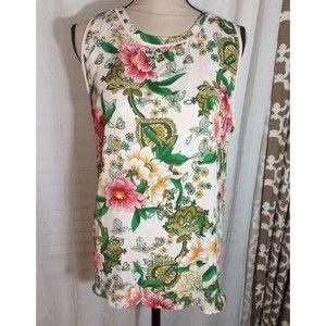 LOFT Womens Blouse Floral Large Pink Green Sleeveless Tie Back Top Cotton Blend